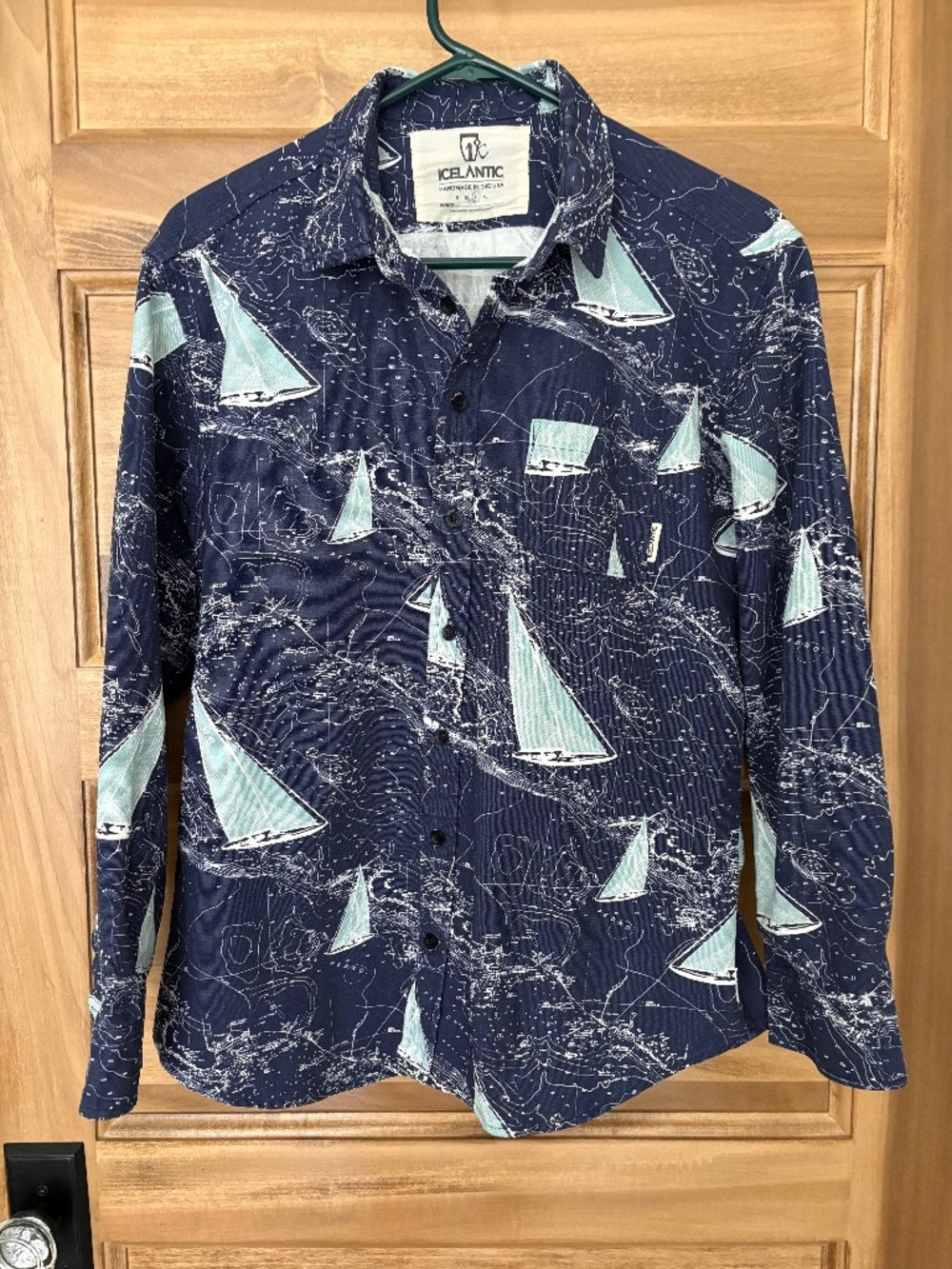 Icelantic Skis Canvas Button-Up Shirt Nautical Print Sailboat Men's L Rare